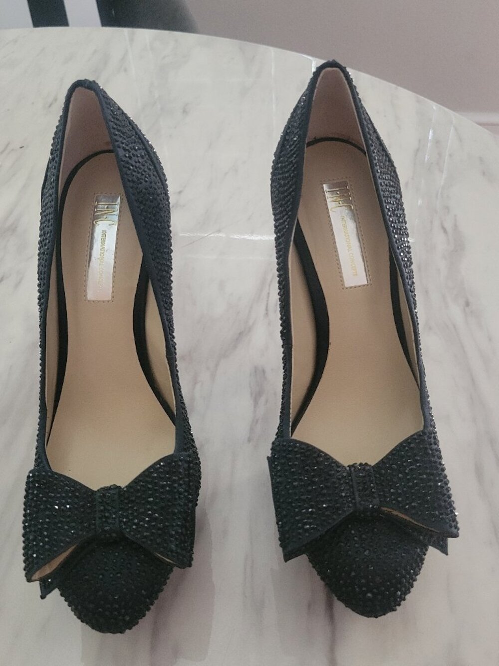 Black Crystal Platform Peep Toe Heels
